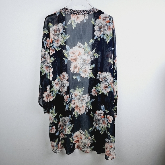 Band Of Gypsies Navy Blue Floral Sheer Kimono XS/S - Picture 6 of 11